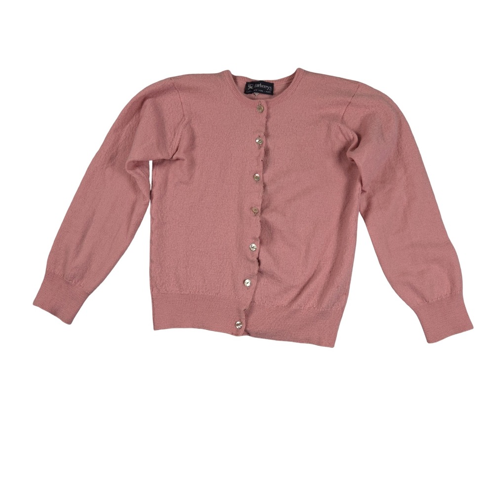 Vintage Burberrys Pink Wool Cardigan Sweater XS Made in Scotland Crew Neck